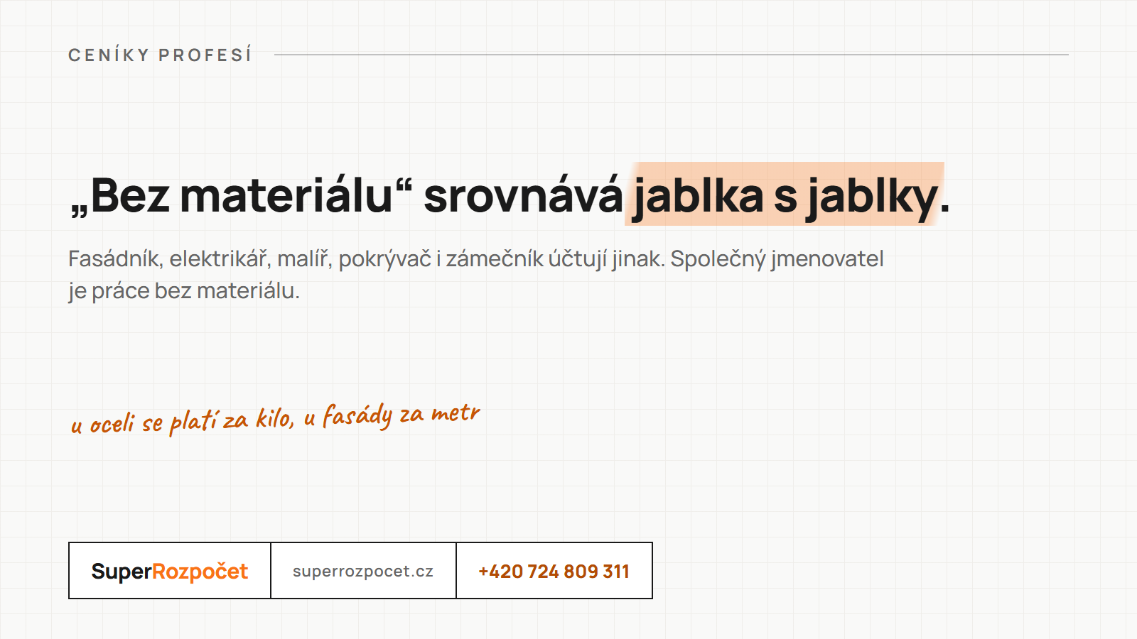 Ceníky profesí: cena bez materiálu srovnává jablka s jablky