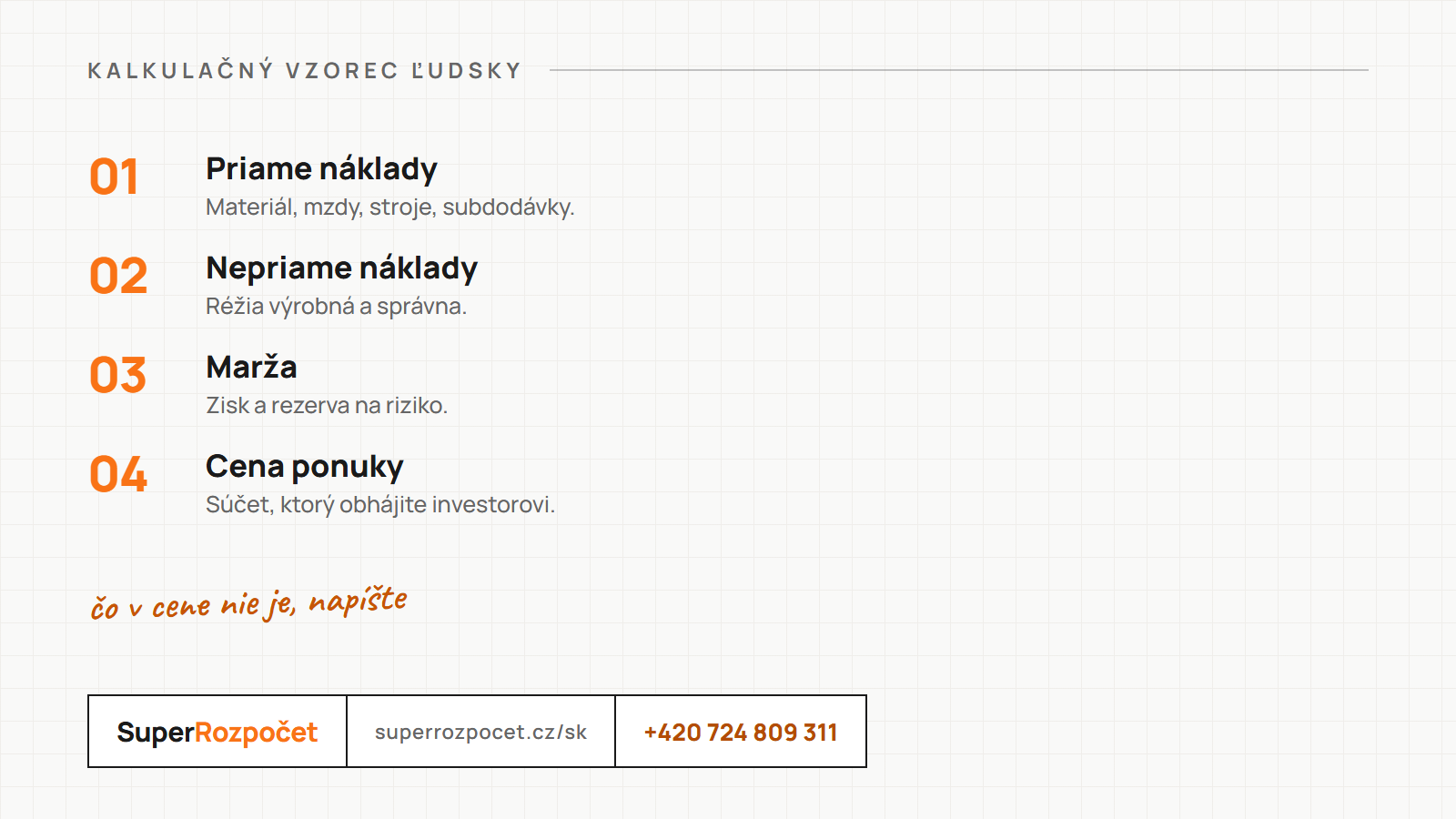 Kalkulačný vzorec: priame náklady, nepriame náklady, marža a cena ponuky