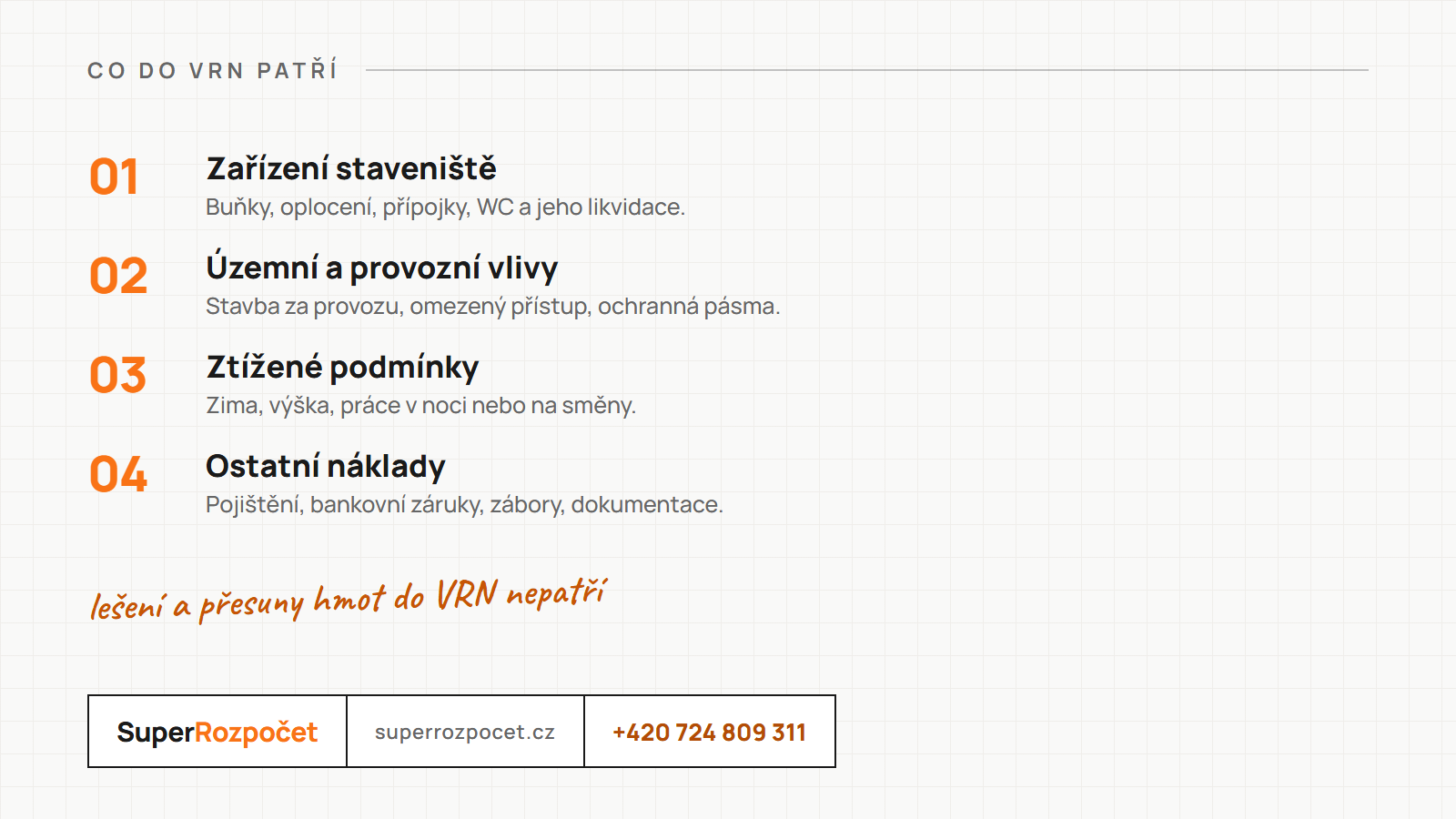 Co patří do vedlejších rozpočtových nákladů: zařízení staveniště, územní a provozní vlivy, ztížené podmínky a ostatní náklady